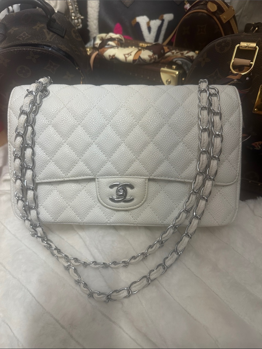 INSPIRED White Caviar Quilted Double Flap Shoulder Bag with Silver Chain